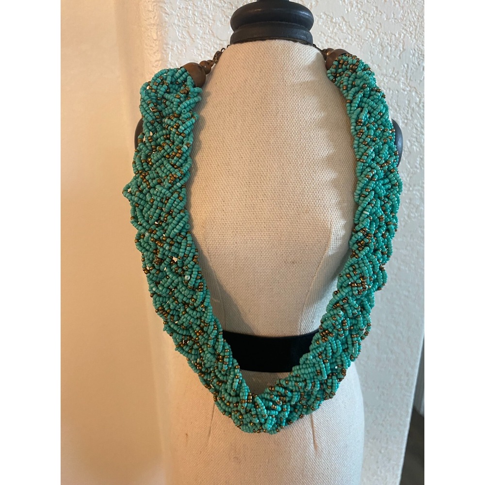 Women's Beaded Braid Necklace Jewelry Turquoise in Color with Brown Accents